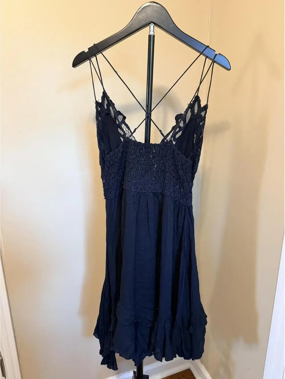 Free People Black Lace Slip Dress Size M Boho Crochet Strappy Mini Dress